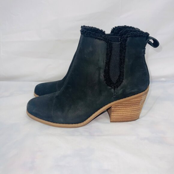Toms Everly Faux Shearling Trim Black Block Heel Chelsea Boot Size 8.5 - Picture 5 of 12